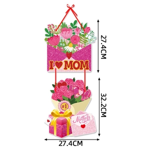 Close-up of pink Mother's Day floral door hanger decorations with I Love Mom greeting text