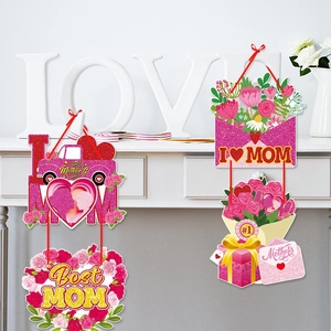 Mother's Day floral door hanger decorations with pink truck and hearts on red ribbon