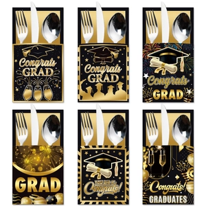 Graduation Cutlery Holders Paper Bags Black Gold Congrats Grad Tabletop Decor Festive Party Supplies For Celebration