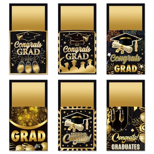 Black and gold graduation party paper utensil bags featuring festive congrats grad designs