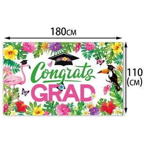 Tropical Hawaii graduation backdrop banner with flamingo and Congrats Grad text, 180x110cm