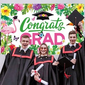 Hawaiian graduation backdrop with flamingos and tropical leaves for congrats grad party