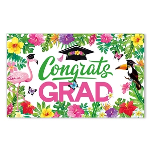 Tropical Hawaii graduation party banner with flamingos, floral patterns and congrats grad text