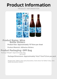 Detailed size chart for Father's Day wine bottle stickers featuring blue tie and beard design