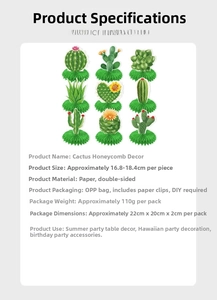 Detailed size specifications for 3D cactus honeycomb centerpieces with dimensions