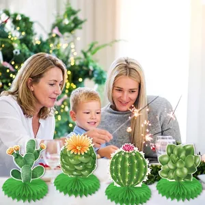 Set of 4 honeycomb cactus and succulent paper centerpieces for summer party decorations