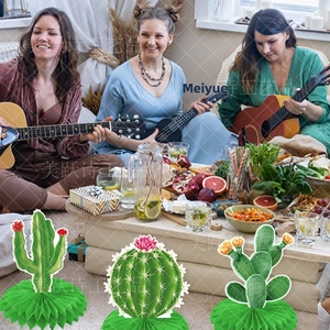 Three-piece paper cactus honeycomb centerpieces for Hawaii themed summer party table decor