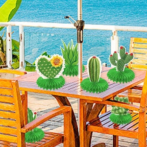 Detailed six-piece cactus paper honeycomb centerpieces for tropical summer party decorations