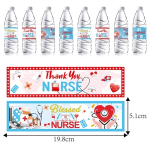 Nurse graduation water bottle labels with medical icons and 19.8x5.1cm size markings