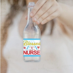 Hand holding glass water bottle with Blessed Nurse stickers for graduation party decor