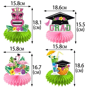Set of 4 tropical Hawaiian themed graduation honeycomb centerpieces with dimensions