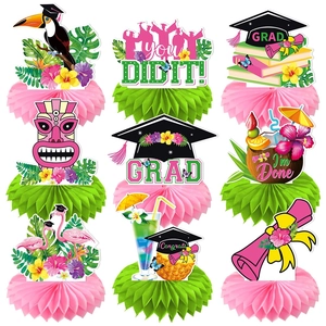 Graduation Honeycomb Centerpieces Tropical Hawaiian Party Table Decor Flamingo Pineapple Tiki Graduation Cap Paper Ornaments