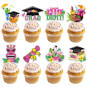 Graduation Cupcake Toppers Paper Wood Sticks Hawaii Tropical Party Cake Decorations Flamingo Pineapple Tiki Diploma Book