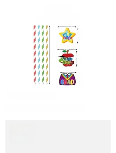 Detailed size specifications for striped graduation straws with decorative card inserts
