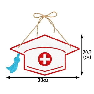 Nurse graduation cap sign with red cross and blue tassel, measuring 38cm by 20.3cm