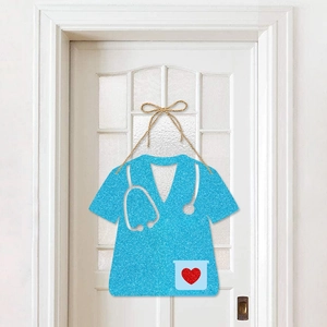 Blue glitter scrub suit door hanger with stethoscope and heart for nurse graduation party