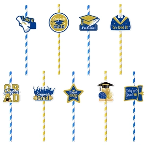 Blue and gold graduation party straws set with decorative graduation caps and stars