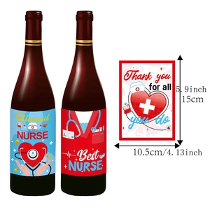 Nurse graduation party wine bottle labels with stethoscope and medical hat motifs