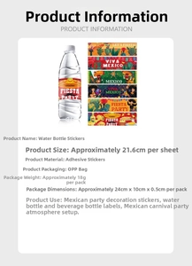 Detailed specs for Fiesta water bottle stickers showing dimensions and diverse designs