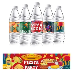 Mexican Fiesta Party water bottle labels with cactus and taco designs 21.6x5.8cm