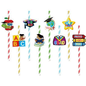 Set of 8 colorful kindergarten graduation party paper straws with themed card decorations