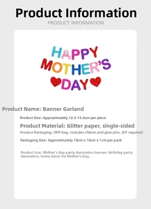 Detail of glitter Happy Mother's Day banner showing size 12.5-15.6cm and DIY accessories