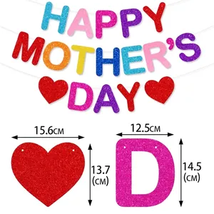 Happy Mother's Day glitter banner size guide featuring dimensions for hearts and letters