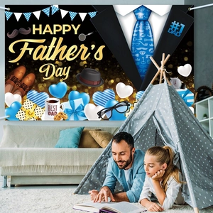 Toile de fond Happy Father's Day avec costume et détails dorés pour décoration de fête