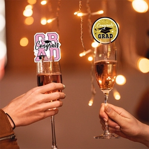 Graduation party glass card decorations with gold glitter Congrats Grad and pink cap designs