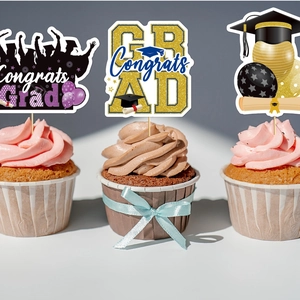 Glittering graduation cupcake toppers with GRAD text and diploma designs for party decor