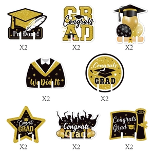 16-piece set of black and gold graduation party wine glass inserts and decors