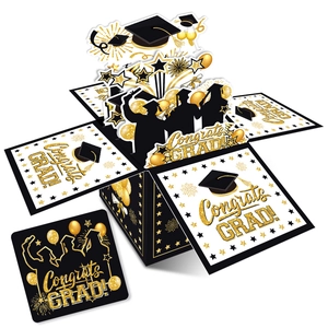 3D Pop Up Graduation Card Box Congrats Grad Explosion Gift Card With Envelope Cardstock Black Gold Party Decor