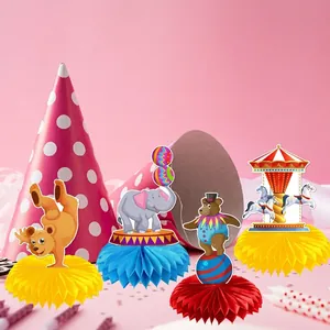 Circus theme party honeycomb centerpieces with bear and elephant designs for table decor