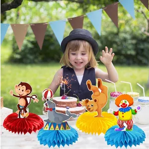 Set of 4 circus themed honeycomb centerpieces featuring monkey, seal, bear and clown icons