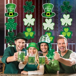St. Patrick's Day door decor with green top hat and clover patterns in festive bar scene