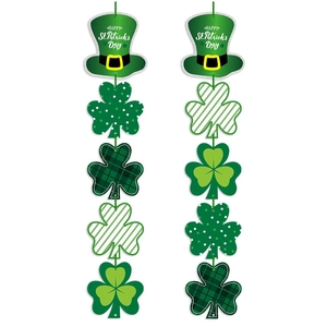Hanging St. Patrick's Day door decor with green leprechaun hats and shamrock patterns