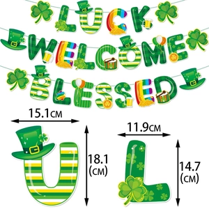 St. Patrick's Day banner set with Luck and Blessed lettering and clover shamrock designs