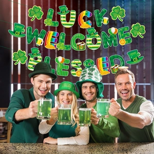 St. Patrick's Day party banner set with LUCK and clover designs for festive bar decor