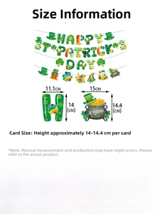 Detailed size specifications for Happy St. Patrick's Day banners with shamrock elements