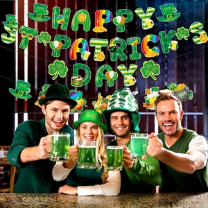 Festive Happy St. Patrick's Day banner with shamrock and rainbow designs for party decor