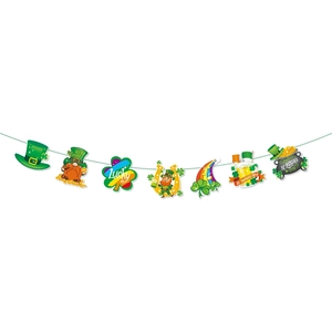 Detailed view of St. Patrick's Day banner featuring shamrock, leprechaun and gold coins