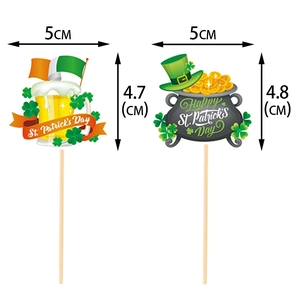 St. Patrick's Day cake toppers with beer mug and clover designs showing size dimensions