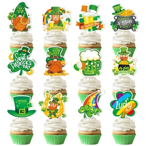 St Patricks Day Cupcake Toppers Shamrock Clover Leprechaun Gold Pot Rainbow Dessert Decoration Green Irish Party Paper