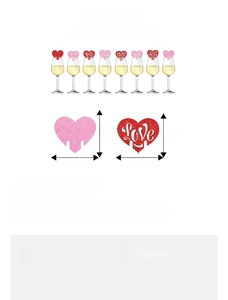 Detailed size specifications for heart-shaped glitter paper wine glass cards and decor