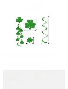 Size chart for St. Patrick's Day clover spiral decorations including dimensions for each piece