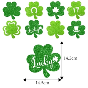 Green glitter shamrock decorations for St. Patrick's Day party with Lucky text motifs