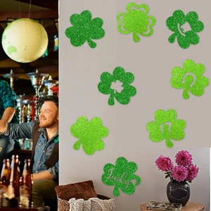 8-piece green glitter shamrock party decorations featuring lucky horseshoes and hats