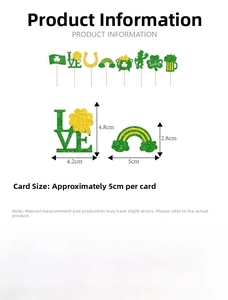 Detailed size chart of St. Patrick's Day cake toppers with clover and rainbow motifs