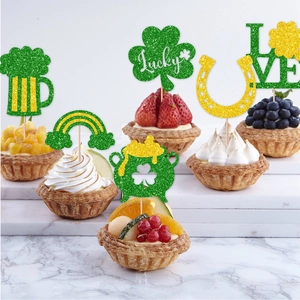 Glittery St. Patrick's Day cake toppers set with lucky clovers and green beer mugs
