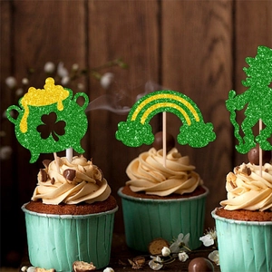 Glittery St. Patrick's Day cupcake toppers featuring leprechaun, rainbow and clover
